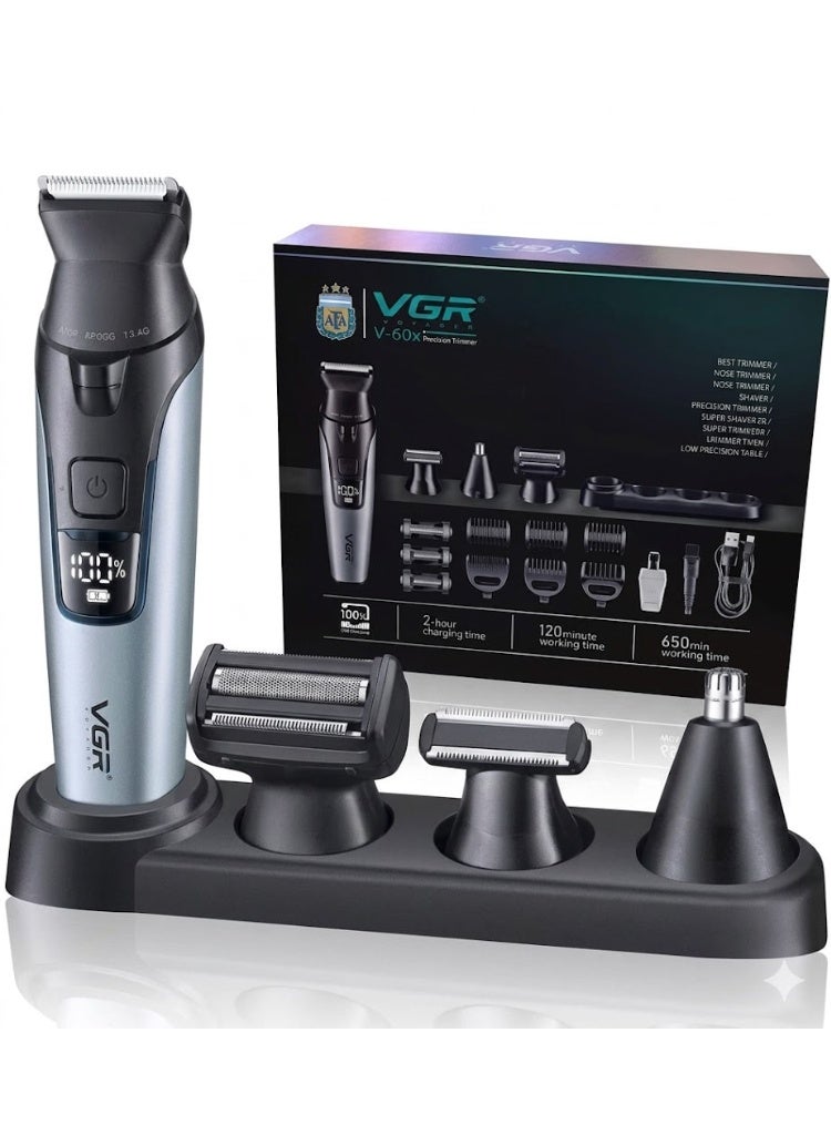 في جي آر The VGR V-634 is a high-performance Professional 4-in-1 Grooming Kit. It is specifically marketed for its IPX7 Waterproof rating (shower-safe) and a unique built-in LED spotlight on the trimmer head to help with visibility in sensitive or low-light areas. Chrome Silver & Obsidian - Image 4