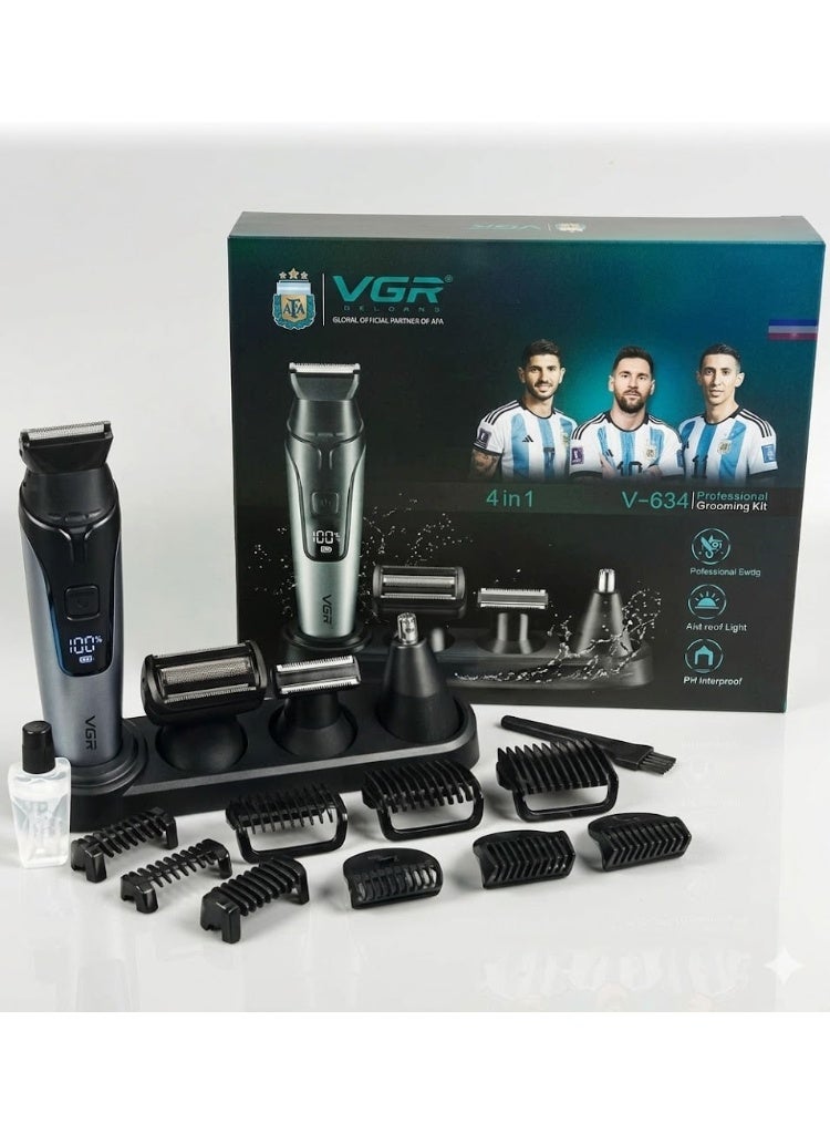 في جي آر The VGR V-634 is a high-performance Professional 4-in-1 Grooming Kit. It is specifically marketed for its IPX7 Waterproof rating (shower-safe) and a unique built-in LED spotlight on the trimmer head to help with visibility in sensitive or low-light areas. Chrome Silver & Obsidian - Image 2