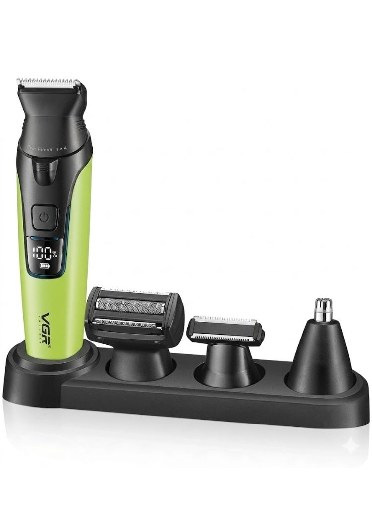 في جي آر The VGR V-634 is a high-performance Professional 4-in-1 Grooming Kit. It is specifically marketed for its IPX7 Waterproof rating (shower-safe) and a unique built-in LED spotlight on the trimmer head to help with visibility in sensitive or low-light areas. Chrome Silver & Obsidian - Image 3
