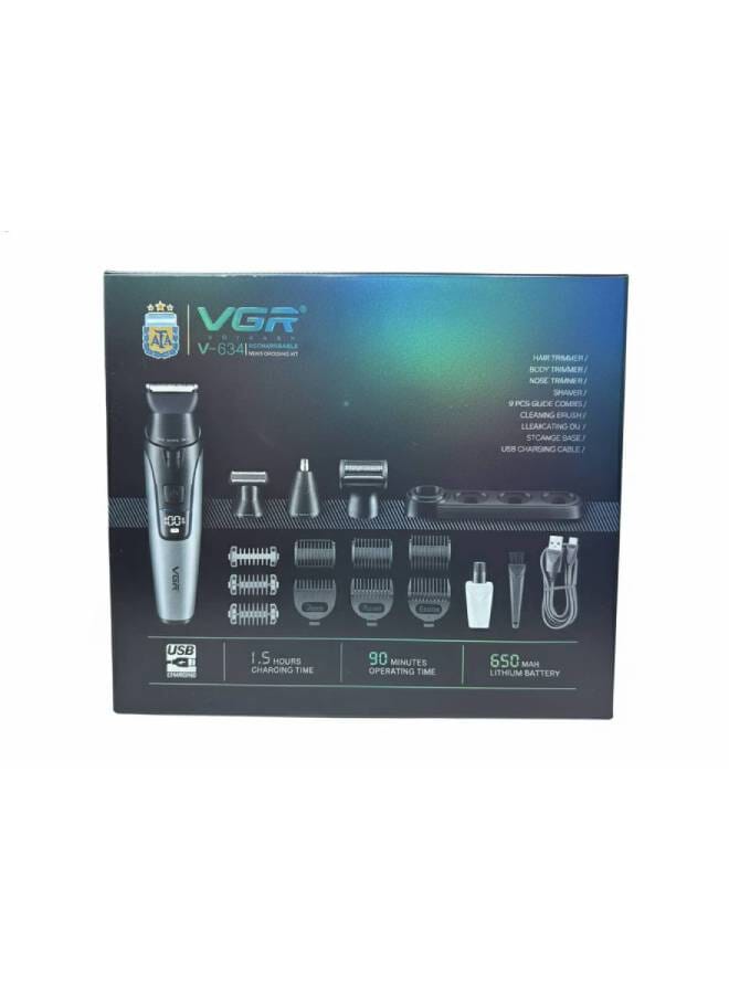 في جي آر The VGR V-634 is a high-performance Professional 4-in-1 Grooming Kit. It is specifically marketed for its IPX7 Waterproof rating (shower-safe) and a unique built-in LED spotlight on the trimmer head to help with visibility in sensitive or low-light areas. Chrome Silver & Obsidian - Image 5