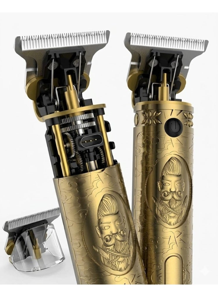 VGR A premium, high-performance grooming tool featuring an antique bronze finish and a professional T-blade for precision detailing, carving, and dry shaving. Metallic Gold with Vintage Carved Patterns - Image 1