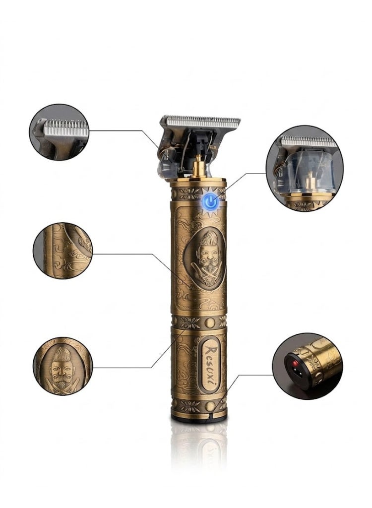 VGR A premium, high-performance grooming tool featuring an antique bronze finish and a professional T-blade for precision detailing, carving, and dry shaving. Metallic Gold with Vintage Carved Patterns - Image 2
