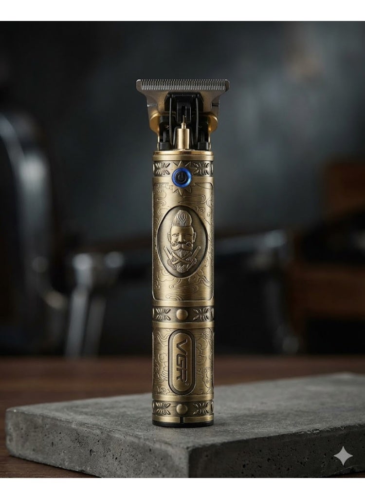 VGR A premium, high-performance grooming tool featuring an antique bronze finish and a professional T-blade for precision detailing, carving, and dry shaving. Metallic Gold with Vintage Carved Patterns - Image 4