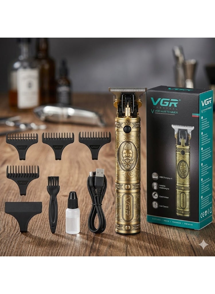 VGR A premium, high-performance grooming tool featuring an antique bronze finish and a professional T-blade for precision detailing, carving, and dry shaving. Metallic Gold with Vintage Carved Patterns - Image 3