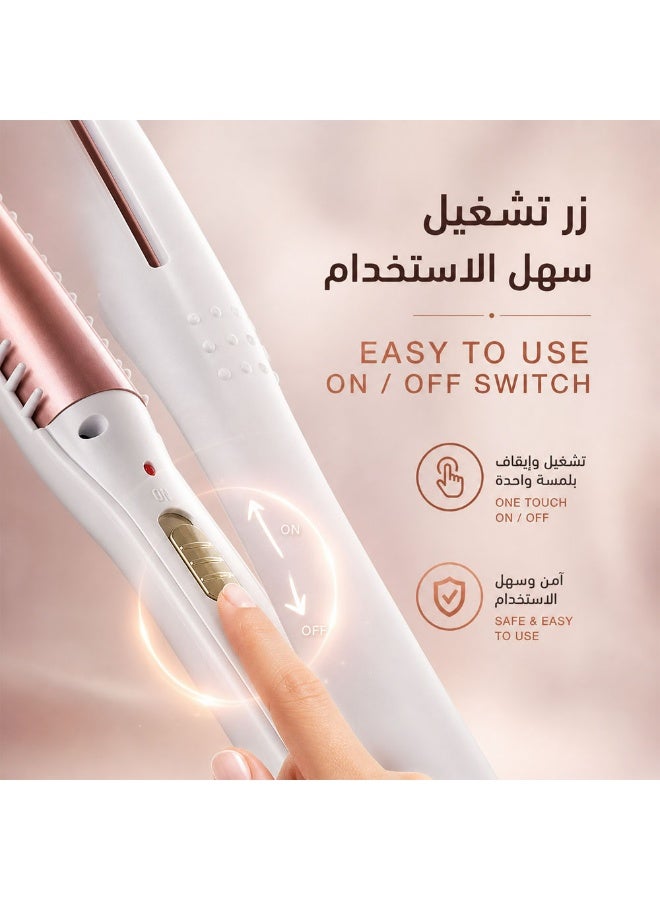 REBUNE Ceramic Hair Straightener with Built-in Comb Teeth – 55W white with gold - Image 3