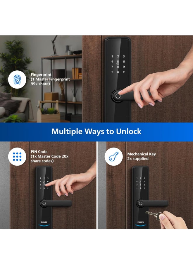 فيليبس Philips DDL7300-5HWS Smart Lock with Wi-Fi, EasyKey App Control, Fingerprint, RFID, PIN Code, Mechanical Key, Temporary PINs, Automatic Locking Function, black - Image 2