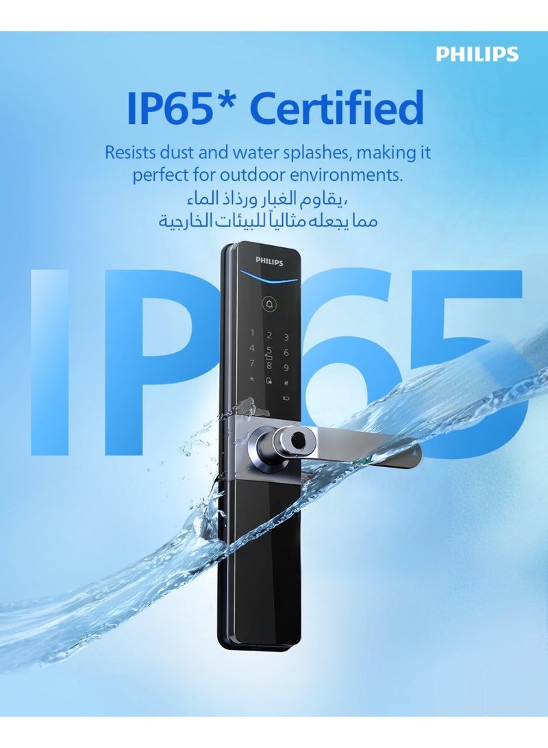 فيليبس DDL610-5HBS Smart Lock, Bluetooth Lock with Remote Unlock (Wi-Fi Gateway), Fingerprint, RFID, PIN Code, Mechanical Key, Remote App Unlock, IP65 Water & Dustproof, Automatic Locking black - Image 4