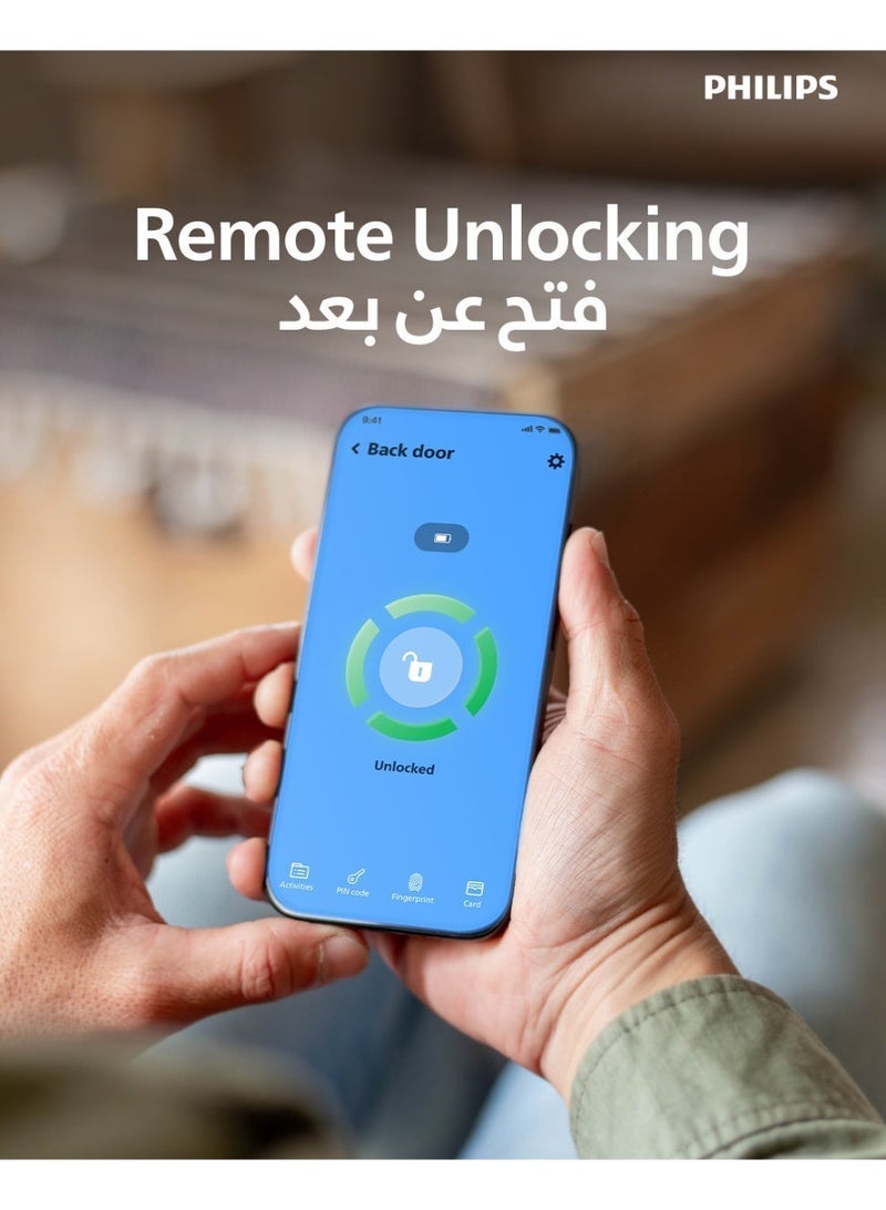 فيليبس DDL610-5HBS Smart Lock, Bluetooth Lock with Remote Unlock (Wi-Fi Gateway), Fingerprint, RFID, PIN Code, Mechanical Key, Remote App Unlock, IP65 Water & Dustproof, Automatic Locking black - Image 5