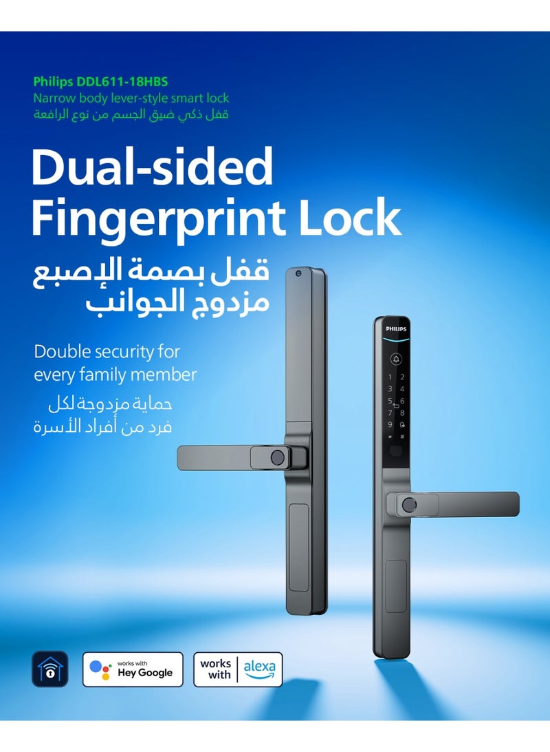 فيليبس Philips 611-18HBS Smart Lock with Wi-Fi, EasyKey App Control, Fingerprint, RFID, PIN Code, Mechanical Key, Remote Unlock, IP66 Rating Withstand extreme weather conditions grey - Image 2