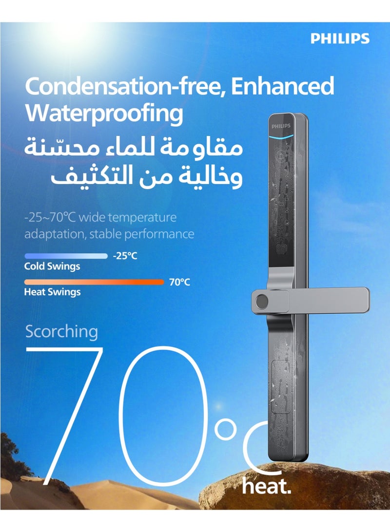 فيليبس Philips 611-18HBS Smart Lock with Wi-Fi, EasyKey App Control, Fingerprint, RFID, PIN Code, Mechanical Key, Remote Unlock, IP66 Rating Withstand extreme weather conditions grey - Image 5