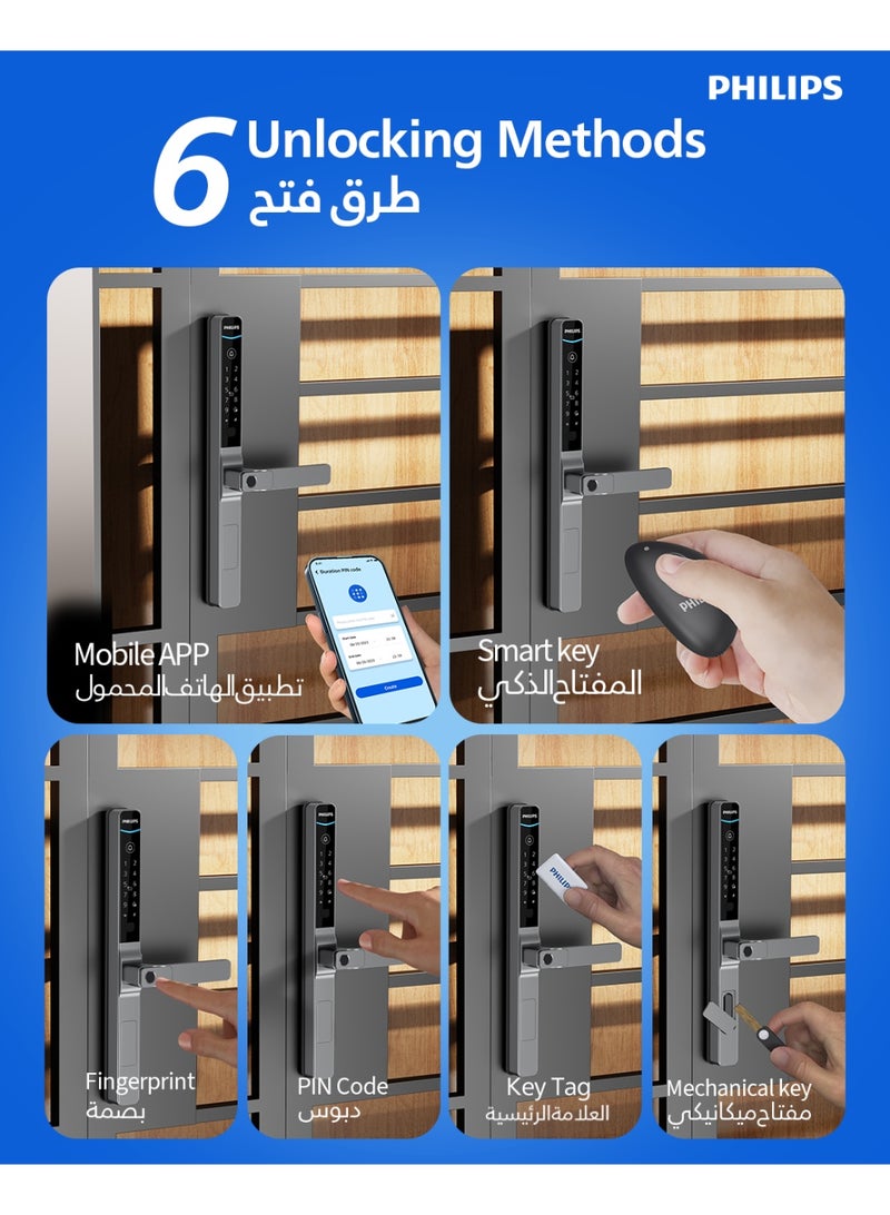فيليبس Philips 611-18HBS Smart Lock with Wi-Fi, EasyKey App Control, Fingerprint, RFID, PIN Code, Mechanical Key, Remote Unlock, IP66 Rating Withstand extreme weather conditions grey - Image 4