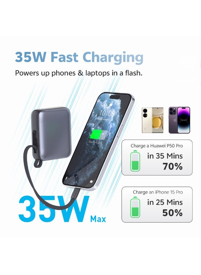 كيو سي واي Power Bank 10000mAh 35W Fast Charging – Silver - PB10C-S – Portable Charger with Built-in USB-C Cable, PD & QC Fast Charge Support, Compact Travel Power Bank Silver - Image 5