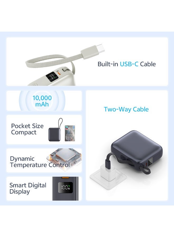 كيو سي واي Power Bank 10000mAh 35W Fast Charging – Silver - PB10C-S – Portable Charger with Built-in USB-C Cable, PD & QC Fast Charge Support, Compact Travel Power Bank Silver - Image 3