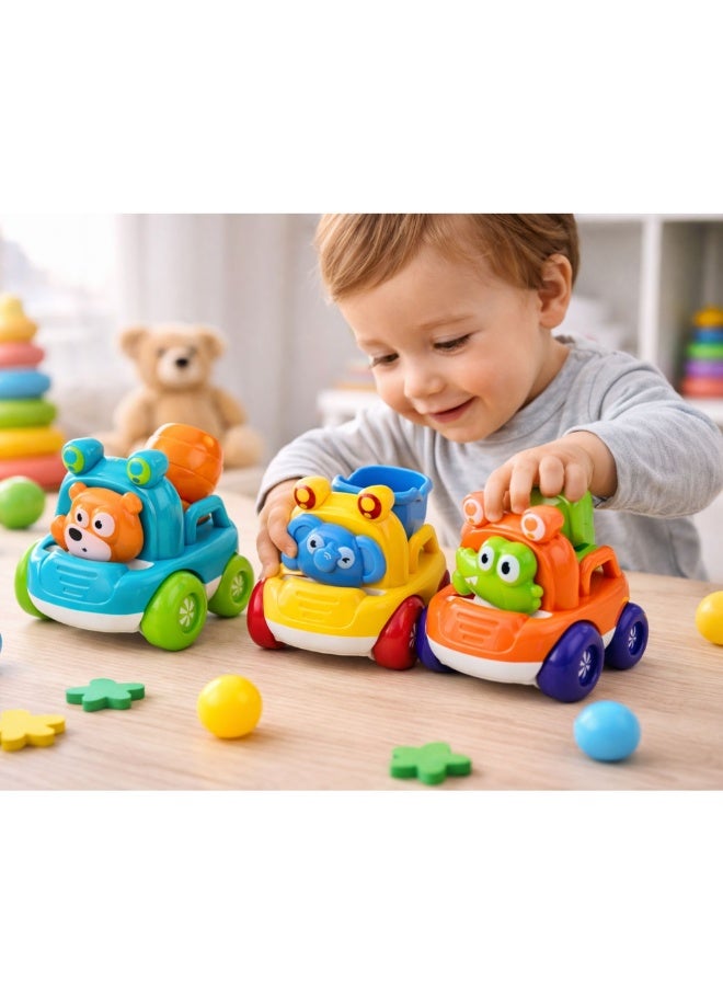 مايتويز MYTOYS 3 PCS Construction Vehicle Toy Set for Toddlers with Animal Characters – Excavator, Dump Truck & Cement Mixer Educational Push Cars Multicolor - Image 4