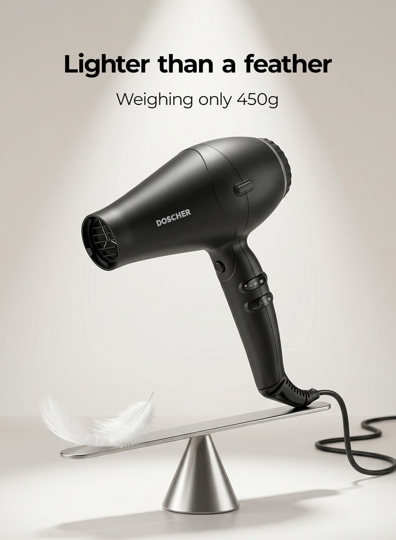 DOSCHER 3-in-1 Hair Dryer, Negative Ion Salon Blow Dryer with 2600W BLDC Motor, 2 Speed 3 Heat, Fast Dry, 2 Nozzles & 1 Diffuser for Straight & Curly Hair Black - Image 5