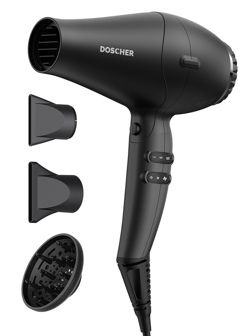 DOSCHER 3-in-1 Hair Dryer, Negative Ion Salon Blow Dryer with 2600W BLDC Motor, 2 Speed 3 Heat, Fast Dry, 2 Nozzles & 1 Diffuser for Straight & Curly Hair Black - Image 1