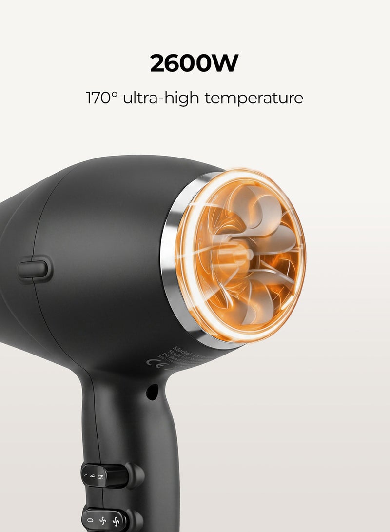 DOSCHER 3-in-1 Hair Dryer, Negative Ion Salon Blow Dryer with 2600W BLDC Motor, 2 Speed 3 Heat, Fast Dry, 2 Nozzles & 1 Diffuser for Straight & Curly Hair Black - Image 2
