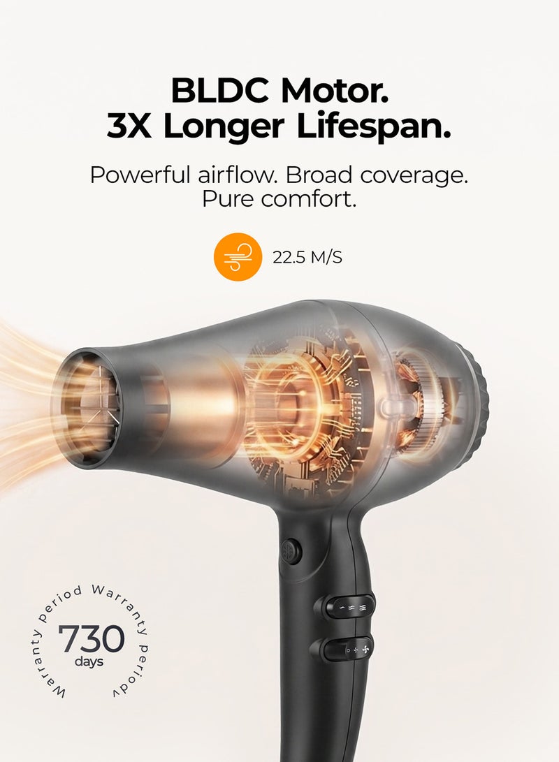 DOSCHER 3-in-1 Hair Dryer, Negative Ion Salon Blow Dryer with 2600W BLDC Motor, 2 Speed 3 Heat, Fast Dry, 2 Nozzles & 1 Diffuser for Straight & Curly Hair Black - Image 3
