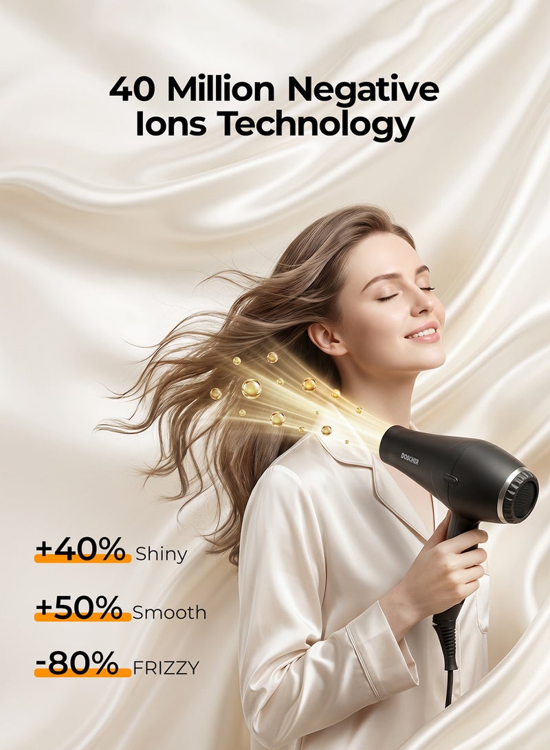 DOSCHER 3-in-1 Hair Dryer, Negative Ion Salon Blow Dryer with 2600W BLDC Motor, 2 Speed 3 Heat, Fast Dry, 2 Nozzles & 1 Diffuser for Straight & Curly Hair Black - Image 4