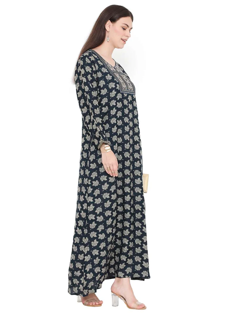 HANA & SARA LONG MODEST PRINTED WITH EMBROIDERY ARABIC KAFTAN JALABIYA DRESSES