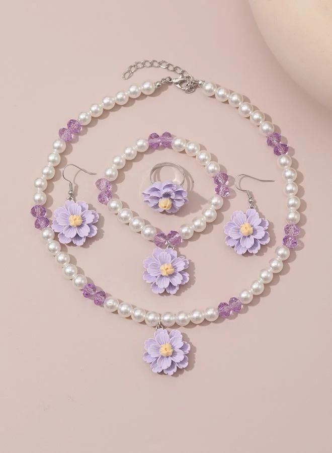 Take Two Girls Multi-Color Flower Charm Pearl Necklace, Bracelet, Ring and Earrings Set