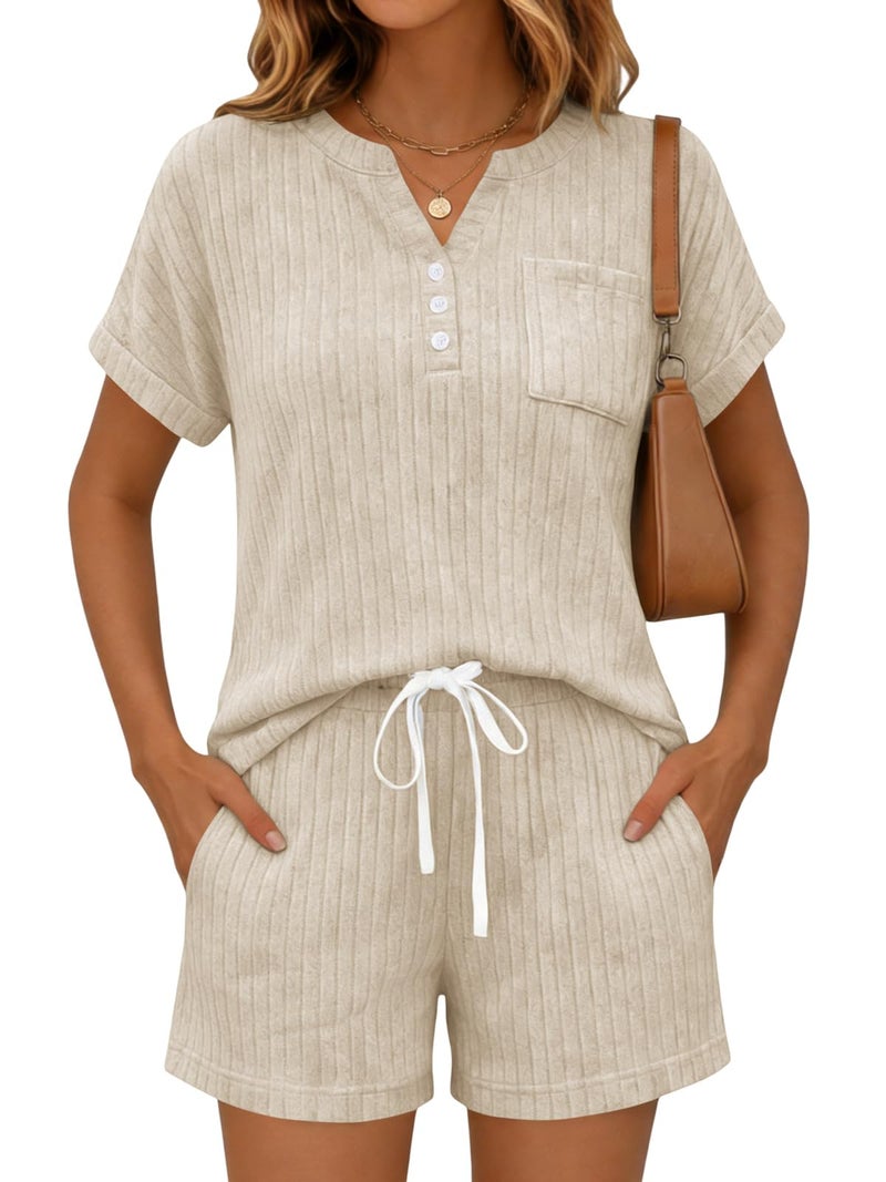 Yousify 2 Piece Short Sets for Women Summer 2026 Lounge Short Sleeve Henley Outfits Sweatsuit with Pocket(Apricot,Large) - Image 5