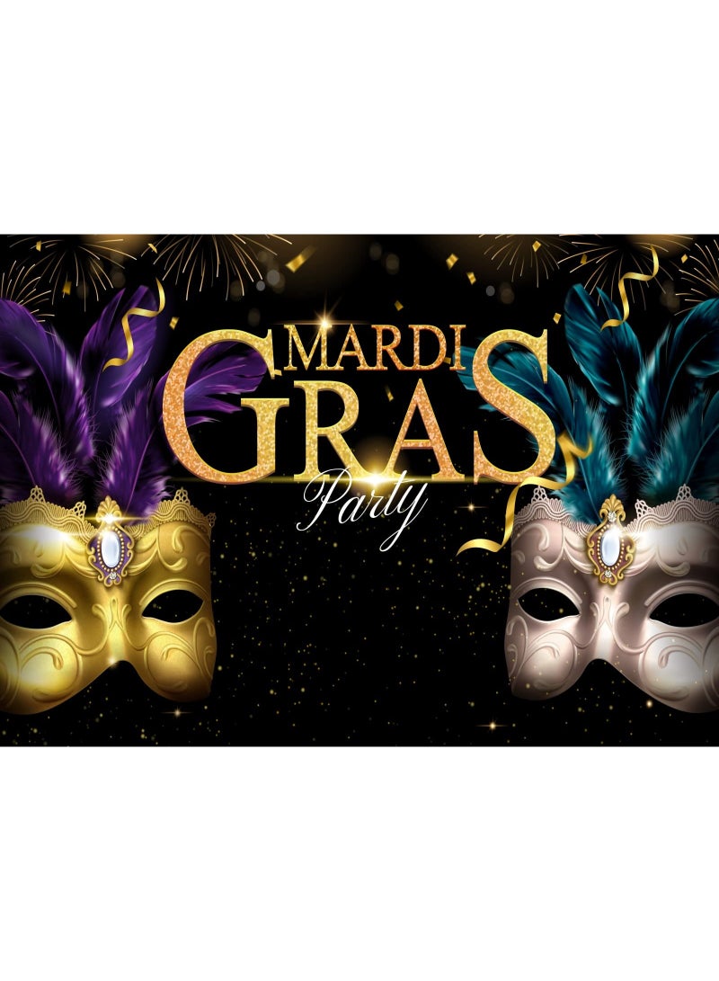 موردلي ١٠٠ × ١٥٠ سم، قماش، خلفية ماردي غرا، خلفية تصوير تنكرية، قناع، ريش، حفلة موسيقية، رقص، حفلة تنكرية، ذهبي، أخضر، بنفسجي، ديكورات حفلات ماردي غرا، كشك تصوير، دعامات تصوير. - Image 1
