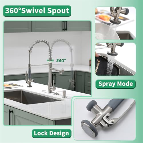 Fapully Commercial Pull Down Kitchen Sink Faucet with Sprayer Brushed Nickel Single Handle Faucets for Kitchen Sink, Kitchen Faucet with Soap Dispenser and Deck Plack for 4 Hole - Image 3