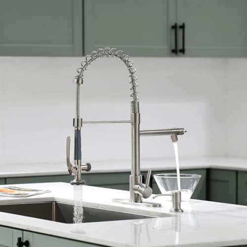 Fapully Commercial Pull Down Kitchen Sink Faucet with Sprayer Brushed Nickel Single Handle Faucets for Kitchen Sink, Kitchen Faucet with Soap Dispenser and Deck Plack for 4 Hole - Image 2