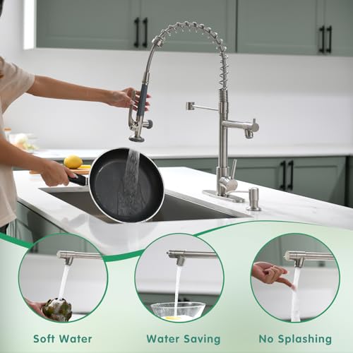 Fapully Commercial Pull Down Kitchen Sink Faucet with Sprayer Brushed Nickel Single Handle Faucets for Kitchen Sink, Kitchen Faucet with Soap Dispenser and Deck Plack for 4 Hole - Image 4