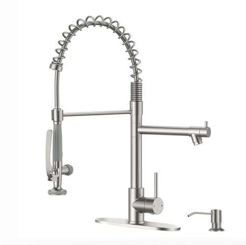 Fapully Commercial Pull Down Kitchen Sink Faucet with Sprayer Brushed Nickel Single Handle Faucets for Kitchen Sink, Kitchen Faucet with Soap Dispenser and Deck Plack for 4 Hole - Image 1