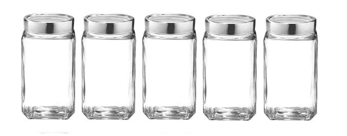 GLASS JAR WITH LID, GLASS CONTAINER FOR KITCHEN, CUBE GLASS JAR FOR SPICE MASALA HERBS, 2000 ML, PACK OF 5