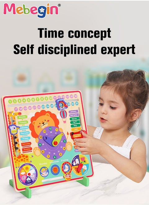 Multifunctional Educational Teaching Clock Board Includes Clock, Days, Dates, Months, Weather and Seasons, Wooden Toddler Learning Clock, Premium Montessori Toys, Colorful Fun Development Toys, 30*30cm