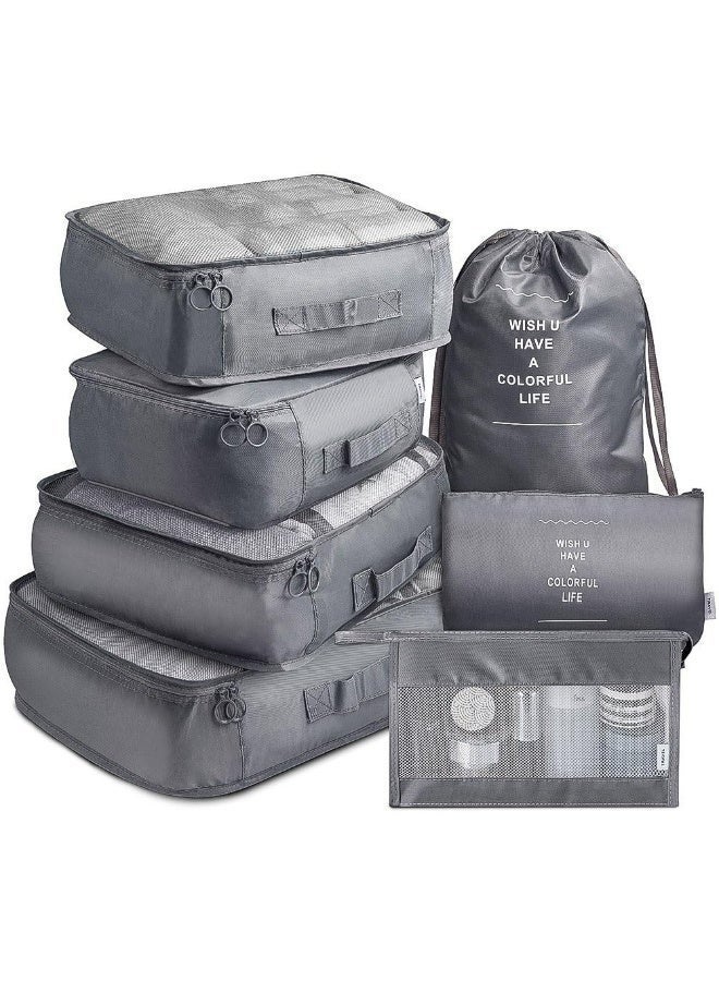 7Piece Travel Packing Cubes Set with Toiletry Bag Waterproof Compression Luggage Organizers for Suitcases Lightweight Space Saving Grey - Image 1