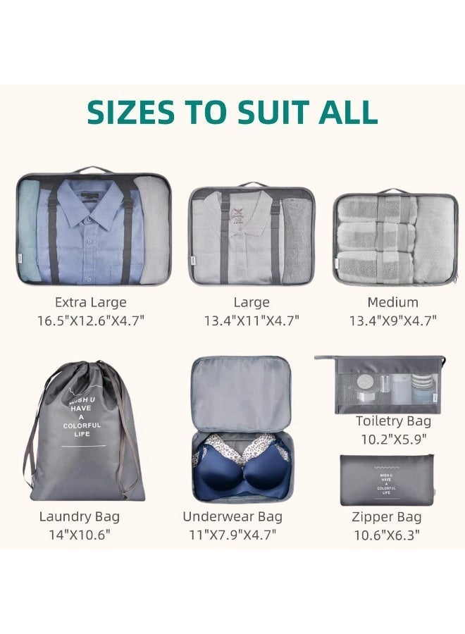 7Piece Travel Packing Cubes Set with Toiletry Bag Waterproof Compression Luggage Organizers for Suitcases Lightweight Space Saving Grey - Image 3