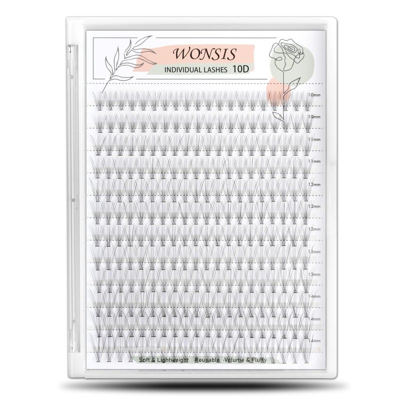 WONSIS Individual Lashes, Lash Clusters, 240 Pcs 10D Individual Lash Extensions, Natural Soft Lightweight Reusable, Thickness 0.07mm C Curl False Eyelashes 10/11/12/13/14mm (10D 10-14mm) - Image 1