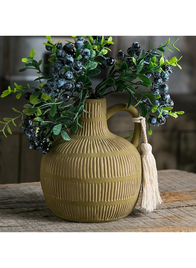 إيروريكس مزهرية سيراميك ريفية للديكور المنزلي مزهريات زخرفية ريفية للزهور مزهرية من الطين مع تصميم شرابة مزهرية من الطين لتزيين غرفة المعيشة رف طاولة رف كتب مدفأة مدخل - Image 1