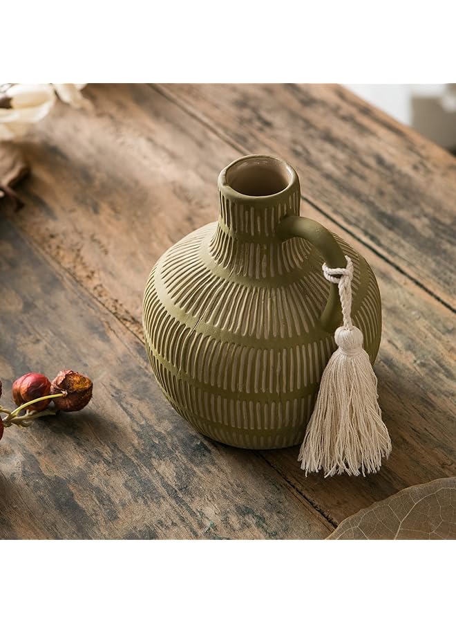 إيروريكس مزهرية سيراميك ريفية للديكور المنزلي مزهريات زخرفية ريفية للزهور مزهرية من الطين مع تصميم شرابة مزهرية من الطين لتزيين غرفة المعيشة رف طاولة رف كتب مدفأة مدخل - Image 2