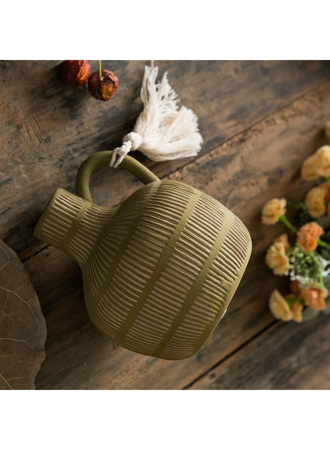 إيروريكس مزهرية سيراميك ريفية للديكور المنزلي مزهريات زخرفية ريفية للزهور مزهرية من الطين مع تصميم شرابة مزهرية من الطين لتزيين غرفة المعيشة رف طاولة رف كتب مدفأة مدخل - Image 3