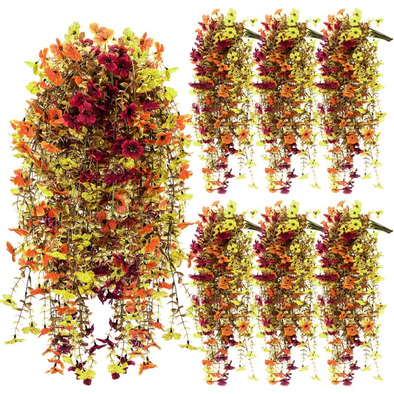 FineCheer 6 Pcs Fall Artificial Hanging Flowers Outdoor Faux Silk Mum Plant Decor Violet with Eucalyptus Realistic UV Resistant Trailing Vine Autumn Thanksgiving Porch YardRetro ColorViolet - Image 2
