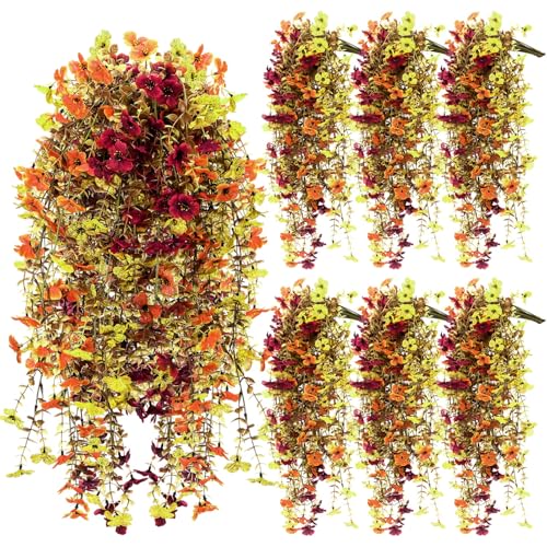 FineCheer 6 Pcs Fall Artificial Hanging Flowers Outdoor Faux Silk Mum Plant Decor Violet with Eucalyptus Realistic UV Resistant Trailing Vine Autumn Thanksgiving Porch YardRetro ColorViolet - Image 1