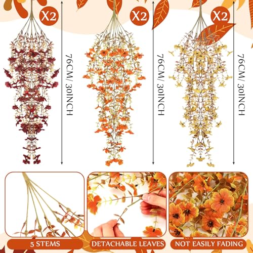 FineCheer 6 Pcs Fall Artificial Hanging Flowers Outdoor Faux Silk Mum Plant Decor Violet with Eucalyptus Realistic UV Resistant Trailing Vine Autumn Thanksgiving Porch YardRetro ColorViolet - Image 3