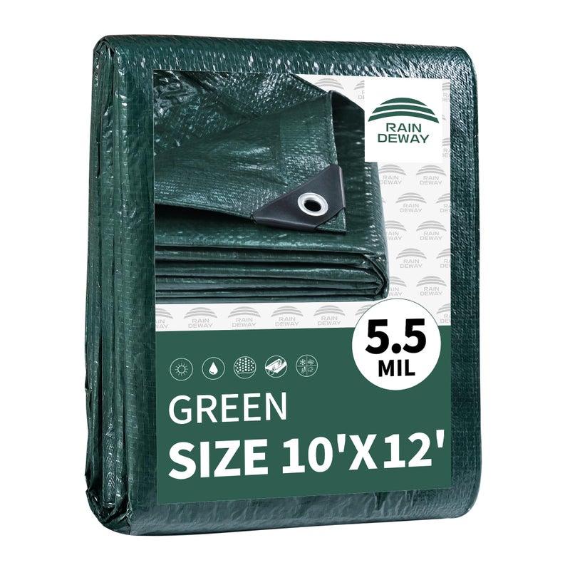 RAINDEWAY Tarps 10x12 Feet,Tarp Waterproof,5.5 Mil Thick, Multipurpose Waterproof Poly Tarp Cover with Metal Grommets and Reinforced Edges,Green Tarps - Image 1