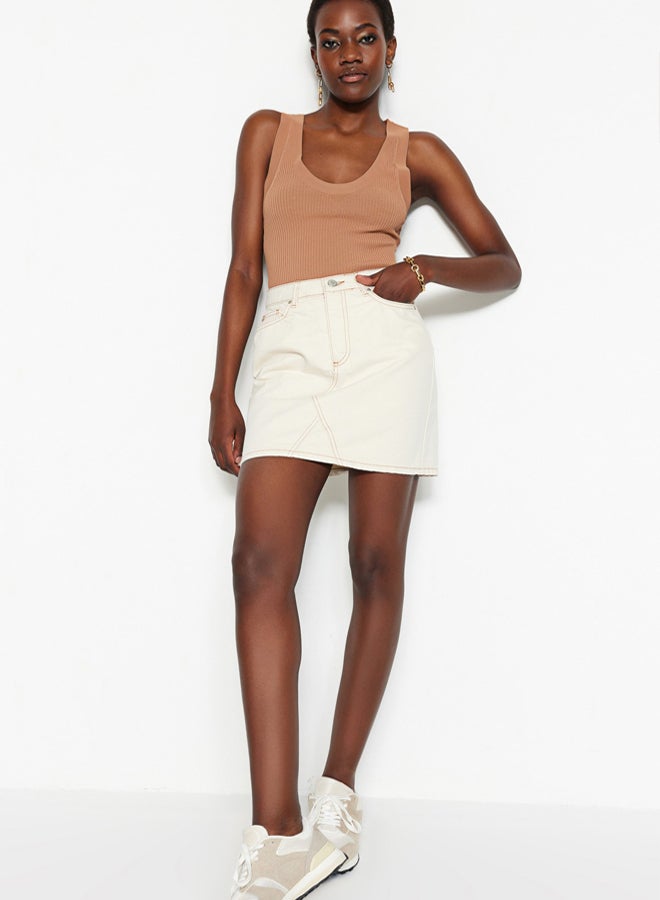 trendyol Ecru Basic Straight High Waist Denim Skirt  - Image 1