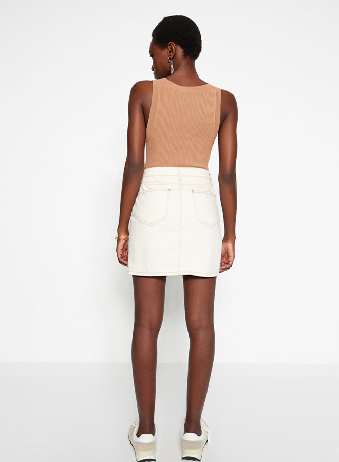 trendyol Ecru Basic Straight High Waist Denim Skirt  - Image 4