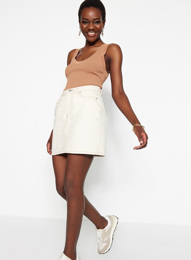 trendyol Ecru Basic Straight High Waist Denim Skirt  - Image 2