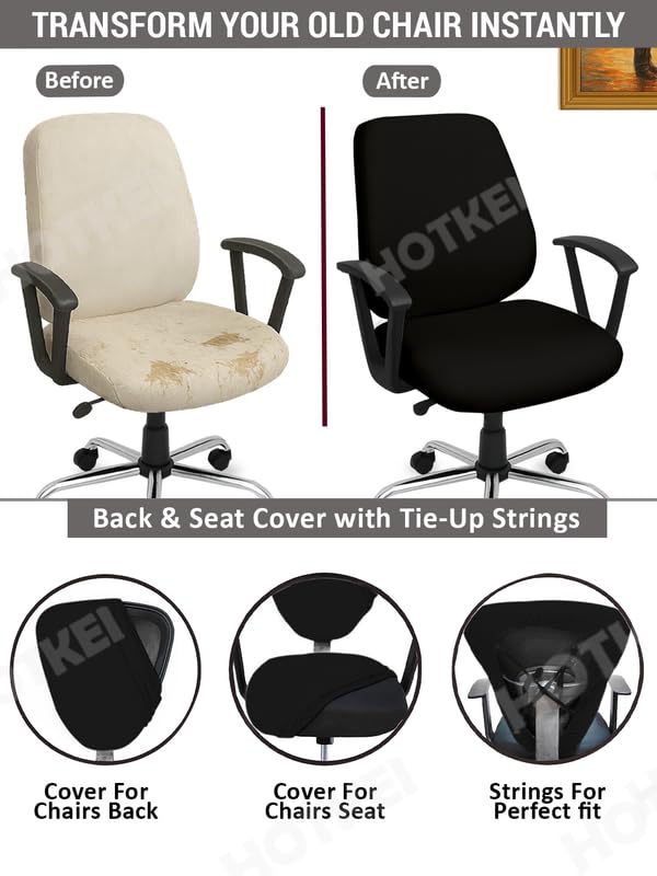 HOTKEI Black 2 Piece Set of 1 Office Chair Cover 200GSM Fabric Stretchable Elastic Polyester Removable Washable Office Computer Desk Executive Rotating Chair Seat Covers Slipcover Protector - Image 5