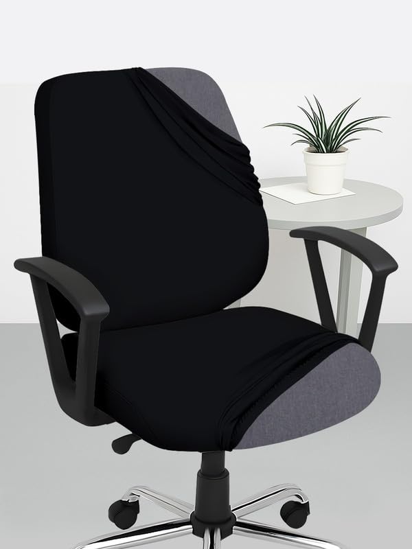 HOTKEI Black 2 Piece Set of 1 Office Chair Cover 200GSM Fabric Stretchable Elastic Polyester Removable Washable Office Computer Desk Executive Rotating Chair Seat Covers Slipcover Protector - Image 1