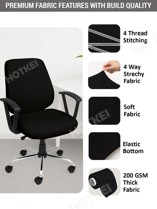HOTKEI Black 2 Piece Set of 1 Office Chair Cover 200GSM Fabric Stretchable Elastic Polyester Removable Washable Office Computer Desk Executive Rotating Chair Seat Covers Slipcover Protector - Image 2