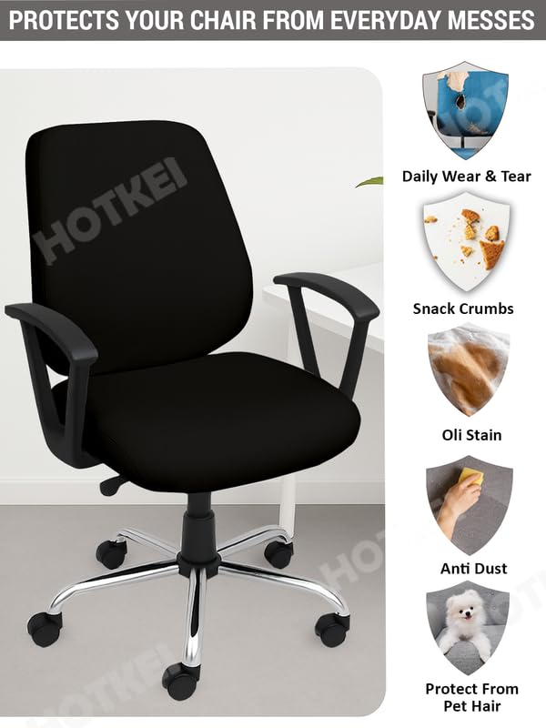 HOTKEI Black 2 Piece Set of 1 Office Chair Cover 200GSM Fabric Stretchable Elastic Polyester Removable Washable Office Computer Desk Executive Rotating Chair Seat Covers Slipcover Protector - Image 3